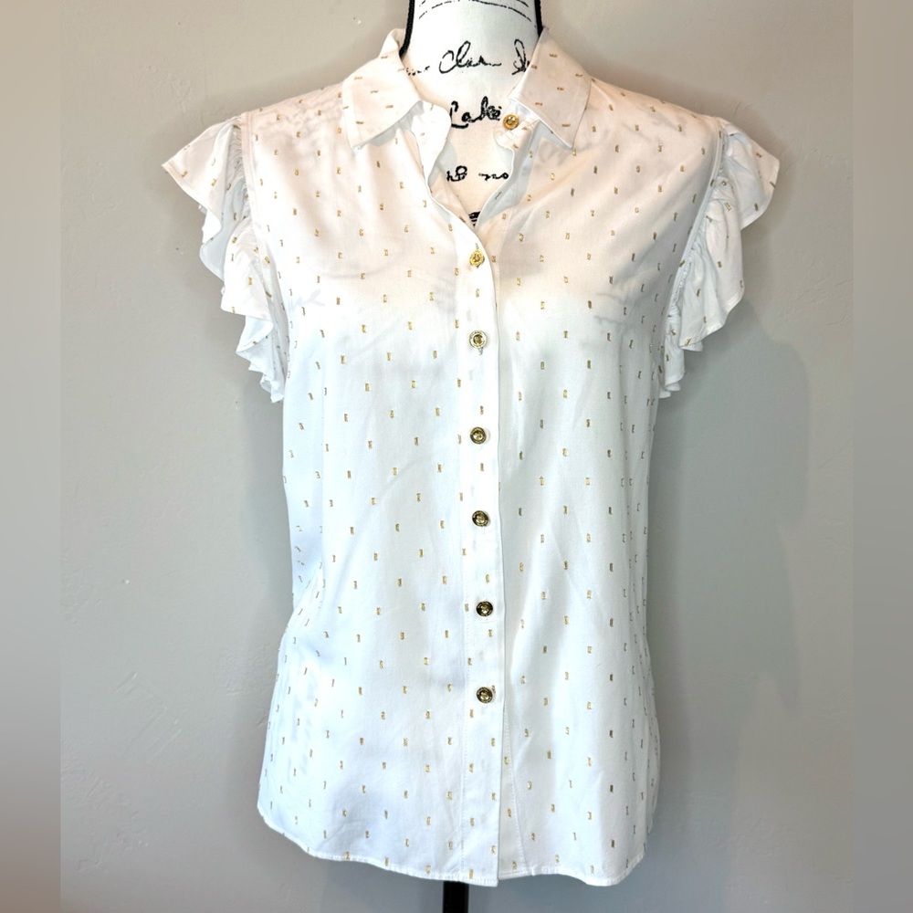 Lilly Pulitzer Branson Button Down White/Gold Dot Blouse Flutter Sleeve, SMALL